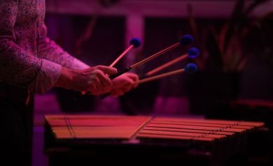 Zbliżenie na dłonie muzyka grającego na wibrafonie