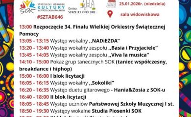 Plakat prezentujący program 34. Finału Wielkiej Orkiestry Świątecznej Pomocy. 