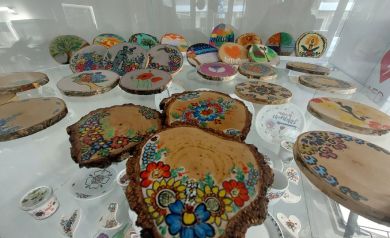 Plastry drewna z pięknymi kolorowymi wzorami w gablocie 