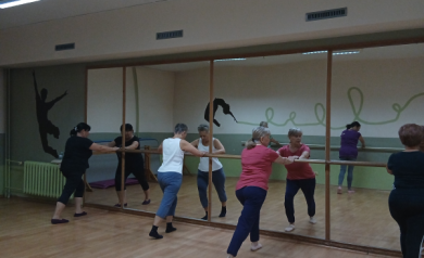 Kobiety trenujące przy drążkach.