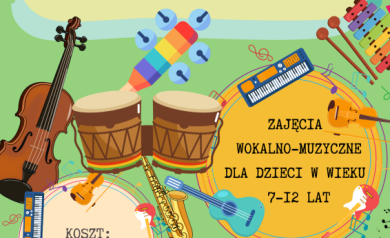 Plakat dotyczący zajęć wokalno-muzycznych ,,Muzyczne łubu-dubu'. Na plakacie znajdują się liczne kolorowe instrumenty. 