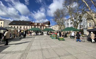 Ludzie stoją przy straganach i szukają czegoś ciekawego dla siebie. Pogoda stanowczo dopisuje.