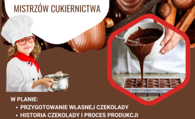 Plakat dotyczy warsztatów czekoladowych. Na zdjęciu widać czekoladki, dziecko w stroju kucharza z garnkiem w ręku i rozlewaną czekoladę do foremek. Ponadto znajdują się na plakacie liczne informacje dotyczące wydarzenia. Całość ma brązową kolorystykę. 
