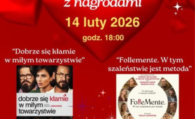 Plakat dotyczący Walentynkowego Maratonu Filmowego z nagrodami. Całość jest w kolorach czerwonych z sercami. 