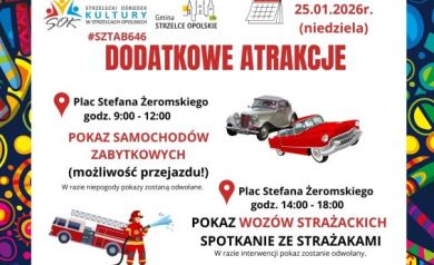 Plakat przedstawia dodatkowe atrakcje (pokaz samochodów zabytkowych, pokaz wozów strażackich oraz spotkanie ze strażakami) odbywające się podczas 34. Finału Wielkiej Orkiestry Świątecznej Pomocy. 
