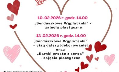 Plakat informacyjny utrzymany w jasnej kolorystyce z motywami serc i ilustracjami o charakterze walentynkowym. Tytuł plakatu brzmi: „Ferie zimowe 2026 z Filią Biblioteczną w Błotnicy Strzeleckiej”.

Plakat informuje o zajęciach plastycznych odbywających się o godzinie 14:00.
10 lutego 2026 roku zaplanowano zajęcia „Serduszkowe wyplatanki – zajęcia plastyczne”.
13 lutego 2026 roku odbędzie się kontynuacja zajęć „Serduszkowe wyplatanki – dekorowanie” oraz warsztaty „Kartki prosto z serca – zajęcia plastyczne”.

Na plakacie podano informację o zapisach w filii bibliotecznej w Błotnicy Strzeleckiej lub telefonicznie pod numerem 504 348 370.
Zamieszczono informację, że udział w zajęciach jest jednoznaczny z wyrażeniem zgody na upublicznianie wizerunku.
Na dole widnieją logotypy organizatorów.