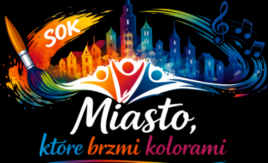 Obraz przedstawia logo graficzne projektu, nawiązuje do muzyki i malarstwa poprzez symbole takie jak: klucz, nutki, pędzel. Logo jest wielokolorowe, gradientowe od czerwieni, poprzez żółty, pomarańczowy do niebieskiego - powiększ