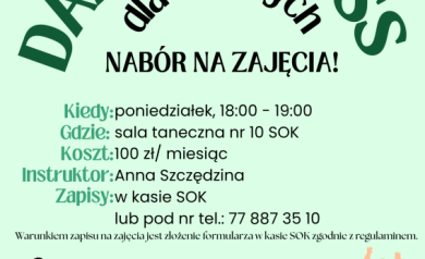 Plakat dotyczący naboru do sekcji i kół zainteresowań - ,,Dance fitness dla dorosłych'. 