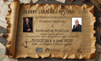 Plakat promujący wydarzenie „Skarby lokalnej historii – spotkanie autorskie z Piotrem Smykałą i Andrzejem Wróblem”, które odbędzie się 30 stycznia 2026 roku o godzinie 18:00 w Miejskiej i Gminnej Bibliotece Publicznej przy ulicy Marka Prawego 21 w Strzelcach Opolskich.