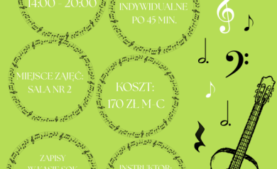 Plakat dotyczący naboru do sekcji i kół zainteresowań - ,,Nauka gry na gitarze'. 