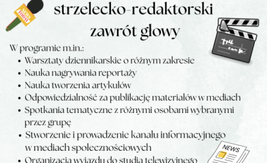 To plakat promujący projekt 'MŁODZIEŻOWY strzelecko-redaktorski zawrót głowy' dla młodych w wieku 13-19 lat. Oferuje warsztaty dziennikarskie, naukę nagrywania reportaży, tworzenia artykułów, prowadzenie mediów społecznościowych i wyjazd do studia TV. Zapisy pod numerem telefonu, miejsca ograniczone. Grafika ma kolorowe, pastelowe tło z akwarelowymi plamami w odcieniach niebieskiego, fioletu i pomarańczu. U góry są stylizowane postacie młodych ludzi stojących w rzędzie, trzymających się za ramiona. Całość ma lekki, przyjazny i młodzieżowy charakter. Ikony mikrofonu, klapsa filmowego i gazety podkreślają temat dziennikarstwa i mediów. Tekst jest czytelny, z ważnymi informacjami wyróżnionymi czerwonym kolorem. - powiększ