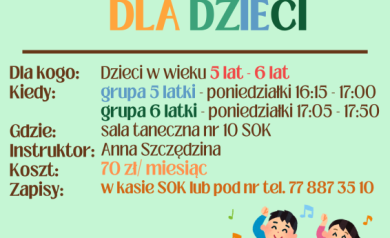 Plakat dotyczący naboru do sekcji i kół zainteresowań - ,,Rytmika dla dzieci'. - powiększ