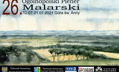 Plakat z widokiem panoramy z Góry ŚW. Anny. W lewym górnym rogu tytuł ,,26. Ogólnopolski Plener Malarski”