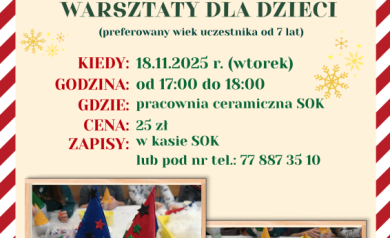 Plakat dotyczący warsztatów dla dzieci z tworzenia świątecznych skrzatów.