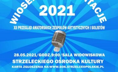 WIOSENNE PREZENTACJE 2021 - XII PRZEGLĄD ZESPOŁÓW ARTYSTYCZNYCH I SOLISTÓW. NA NIEBIESKIM TLE KOLOROWE INSTRUMENTY.