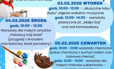 Plakat zbiorczy dotyczący ferii zimowych w SOKu.  - powiększ