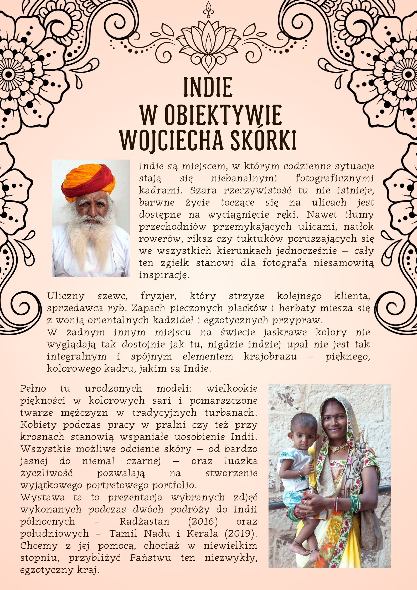Indie w obiektywie Wojciecha Skórki. Plakat zapowiadający wernisaż wystawy fotografii. W centralnej części znajduje się portret młodej kobiety w tradycyjnym indyjskim stroju i bogatej biżuterii. Wydarzenie odbędzie się 4 września 2026 r. o godz. 18.00 w Miejskiej i Gminnej Bibliotece Publicznej w Strzelcach Opolskich przy ul. Marka Prawego 21. Wystawę będzie można oglądać do 5 października 2026 r. Na dole umieszczono logotypy organizatorów i partnerów wydarzenia.